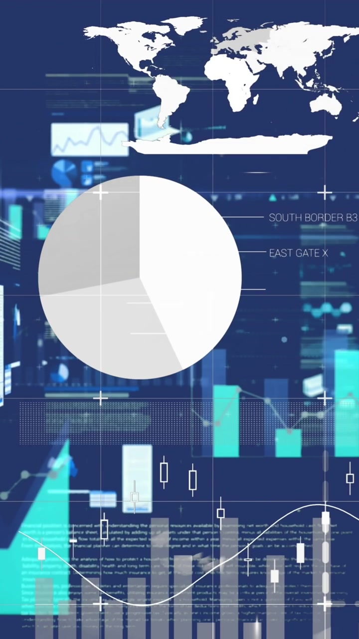 Animation of screens with statistical data processing against blue background