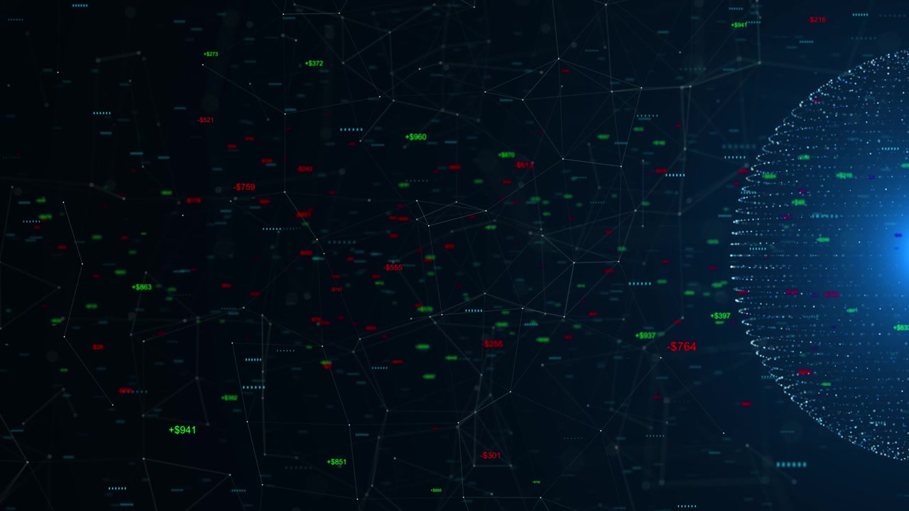 Stock market digital globe visual with floating price values network lines colored profit and loss