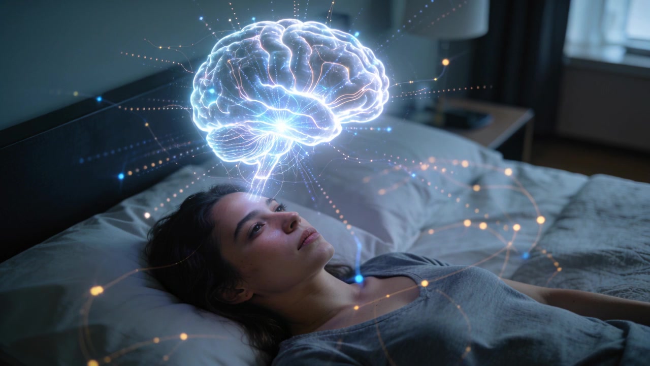 Donna sdraiata che indossa una maglietta grigia, chiude gli occhi addormentandosi sul letto mentre un cervello olografico si illumina sopra di lei.