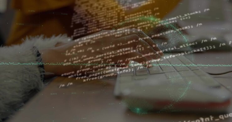 Software Developer Typing Code on Keyboard with Digital Data Overlay