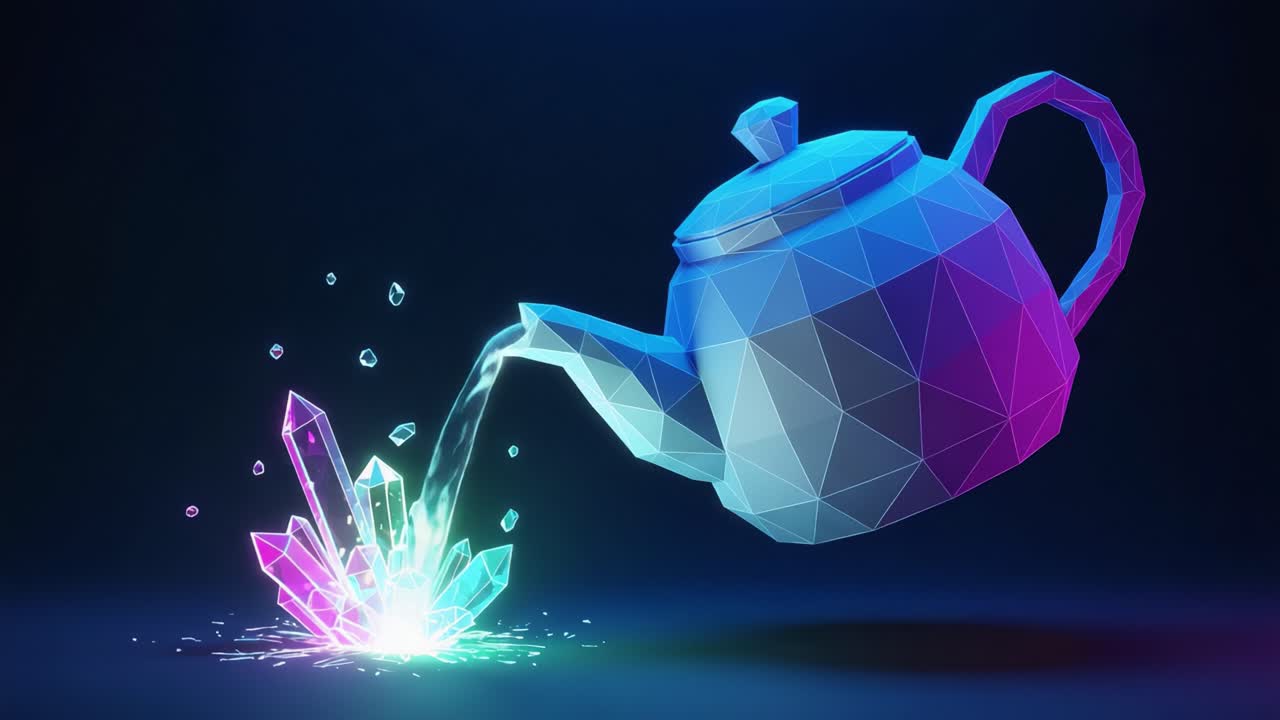 A Stunning Polygonal Teapot Pouring Vibrant Liquid Over Dazzling Crystals in a Captivating 3D Digital Artwork Highlighting Geometry and Colorful Aesthetics