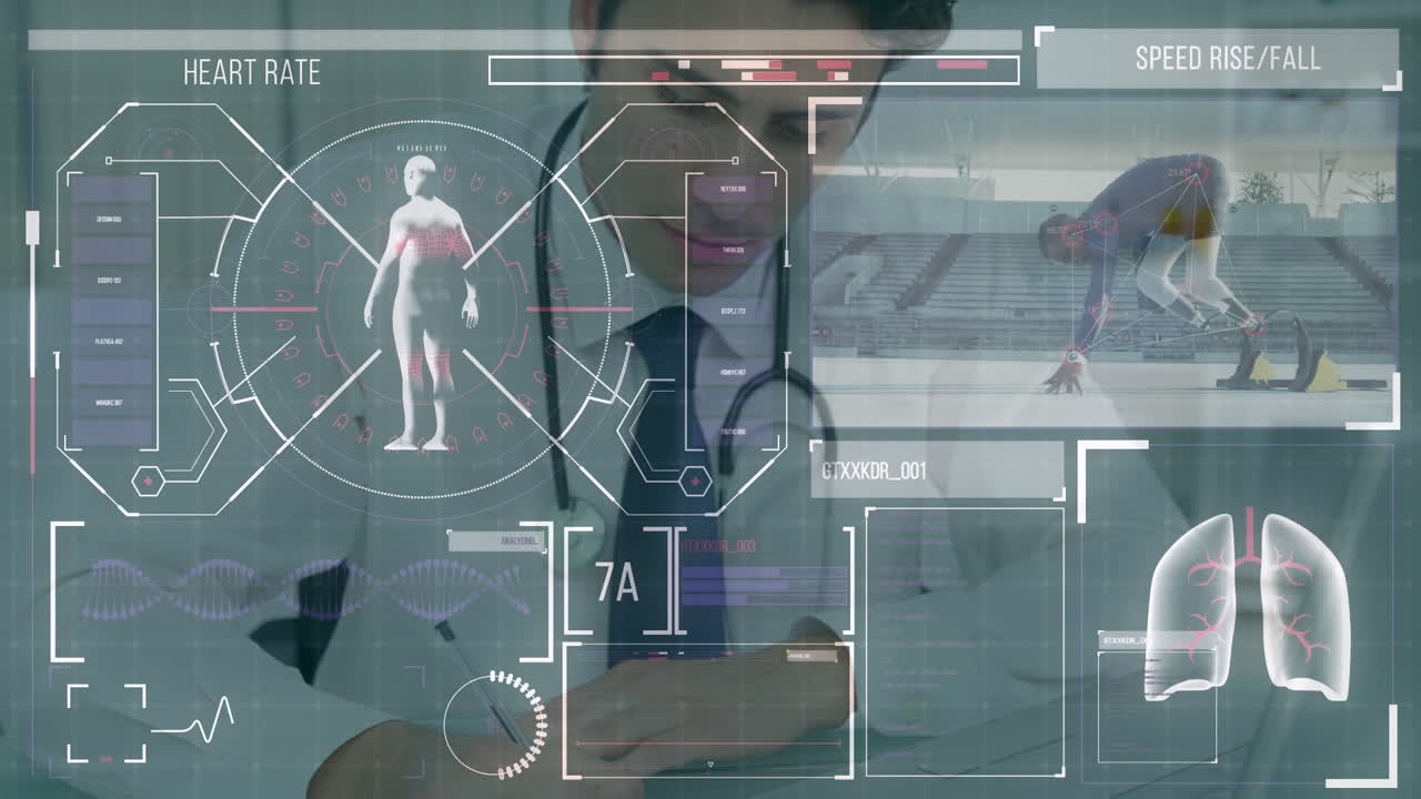 Animation of medical data processing over caucasian male doctor using tablet