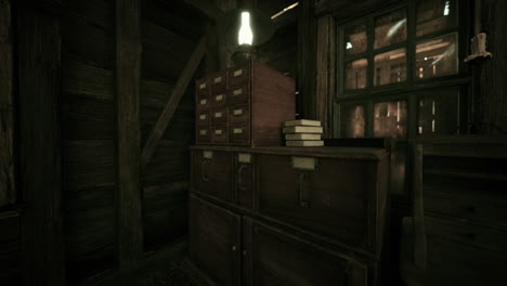 a vintage cabin interior with a wooden desk and drawers
