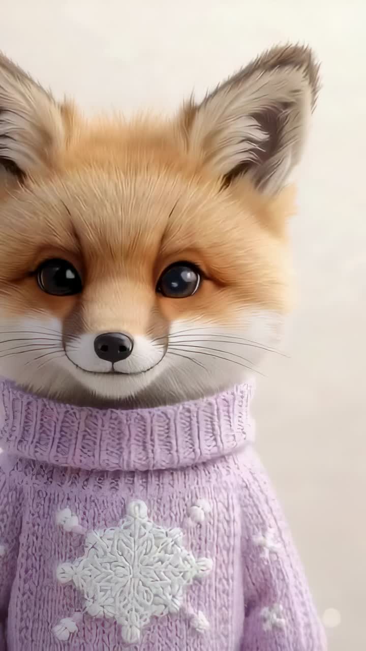 Vertikales Video: Augen öffnen sich, Fuchs wechselt zu Lächeln, hebt rechten Arm gegen die Wand in lila Strick