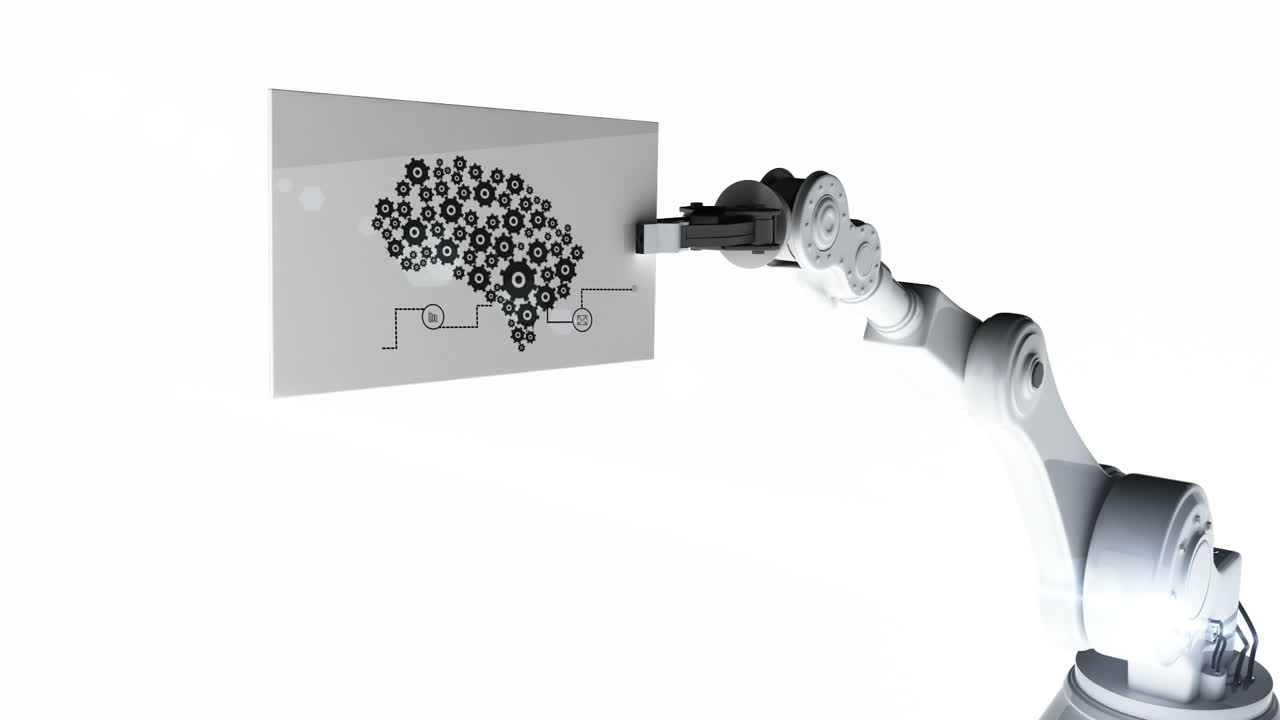 Digitally generated video of robotic arm holding card with diagram of machine