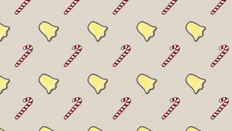 animation of multiple bells and candy cane on grey background