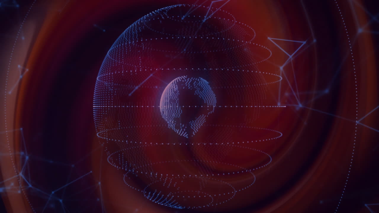 globo giratorio con conexiones de red sobre un fondo abstracto rojo y naranja