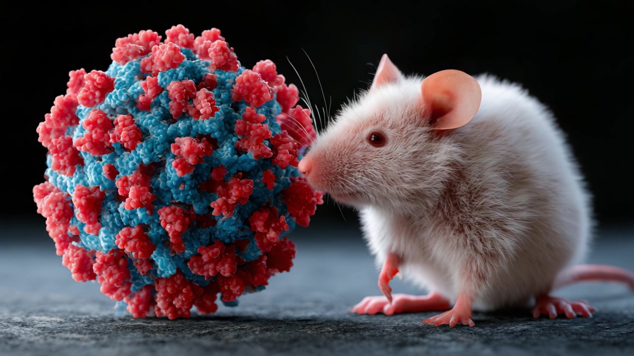 A Close Encounter between a Laboratory Mouse and a Colorful Viral Structure Representing Spread of Infectious Agents in Biomedical Research
