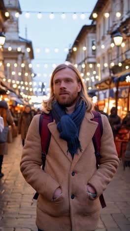 a young male traveler walks through a bustling tourist market in winter