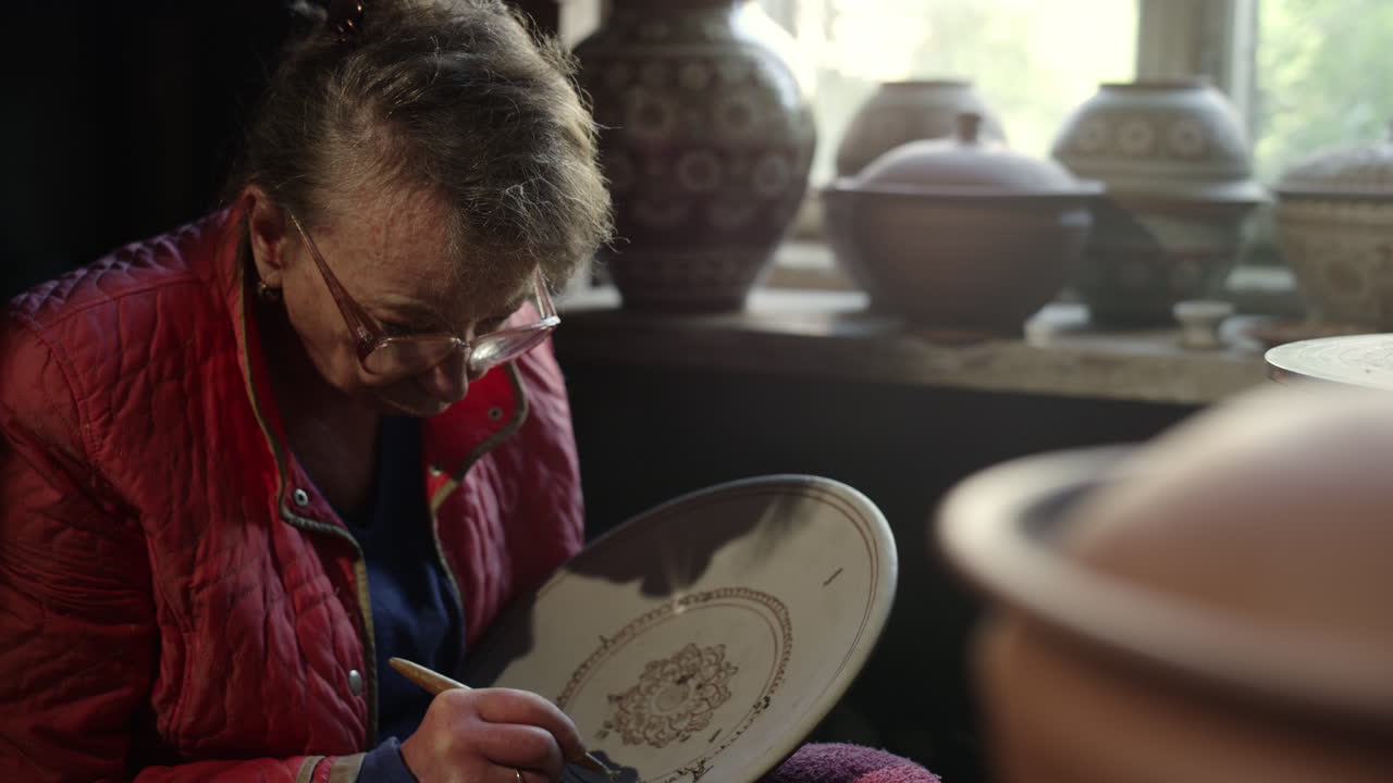 Serious old woman decorating plate in pottery