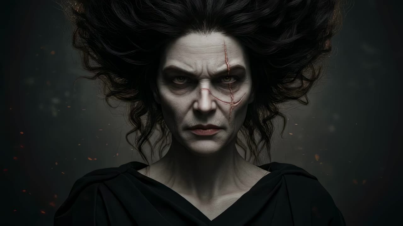 A mysterious figure with striking hair and a haunting expression draws in onlookers, fully captivating them within an eerie atmosphere