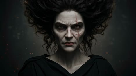 a mysterious figure with striking hair and a haunting expression draws in onlookers, fully captivating them within an eerie atmosphere