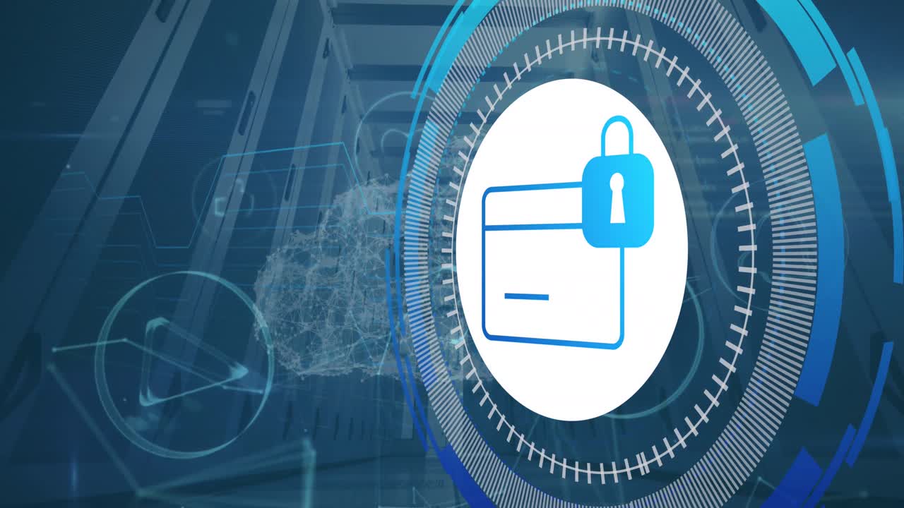 animación del procesamiento de datos con el icono de la tarjeta de crédito sobre la sala del servidor