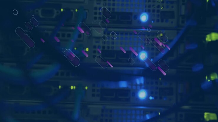 Animation of pink shapes moving over servers and wires