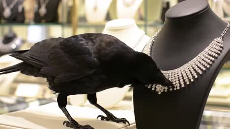 a curious raven investigates a stunning display of jewelry in a luxurious store, captivated by the sparkling necklace on a stylish mannequin