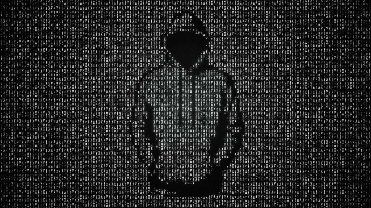 Loopende Sort-Hvid Digital Hacker Silhuet i Binær Kode Matrix Baggrund, Cybersikkerhed og Databrud Koncept Animation