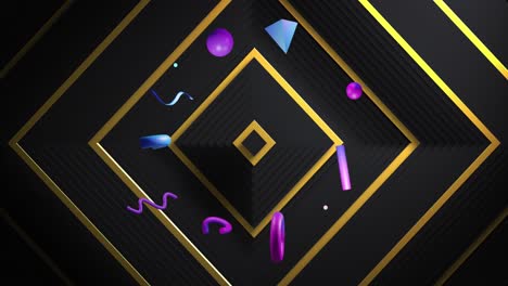 blue and purple 3d shapes rotating over gold square outlines on black background