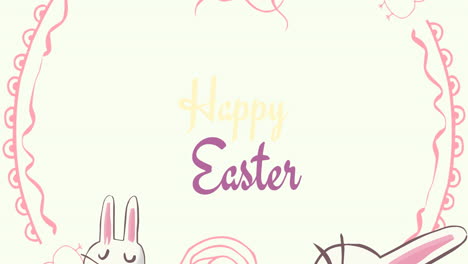 animation of happy easter text with easter bunnies and spinning red circle on light pink background