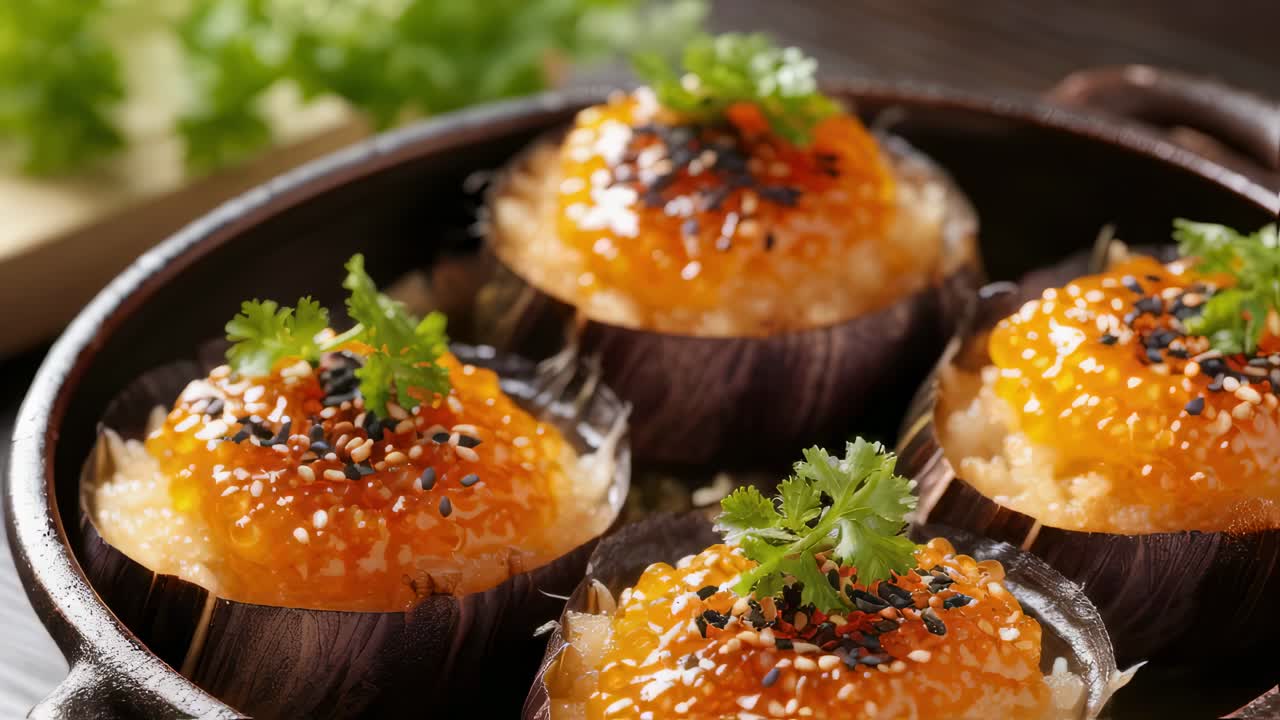 Four portions of delicious steamed sticky rice in lotus leaf cups, topped with vibrant orange fish roe, sesame seeds, and fresh coriander, arranged in a dark wooden bowl