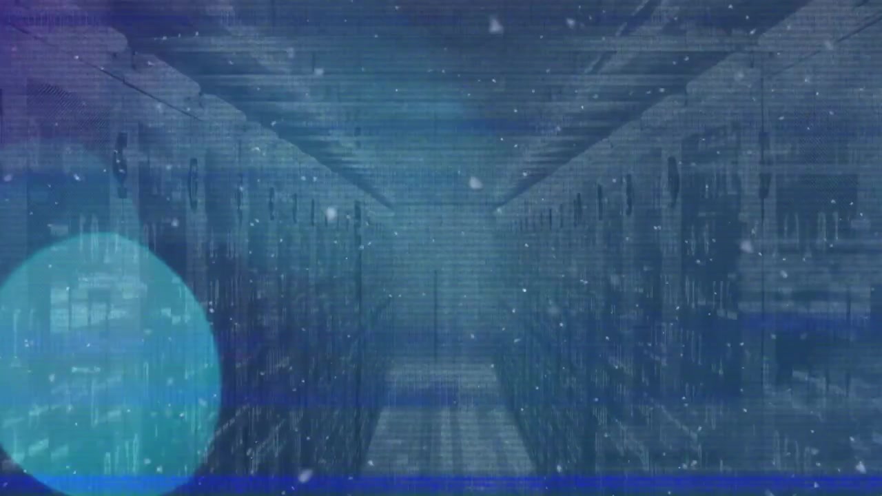 Bagliore turchese pulsante che fa scintillare un corridoio di dati con una linea di glitch e codice binario scorrevole