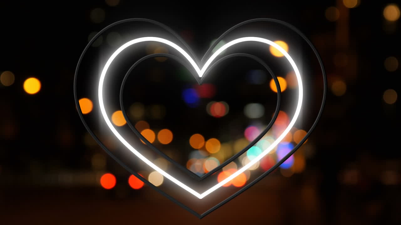 animación de corazones de neón concétricos amarillos y blancos parpadeando en el fondo de las luces de la ciudad bokeh