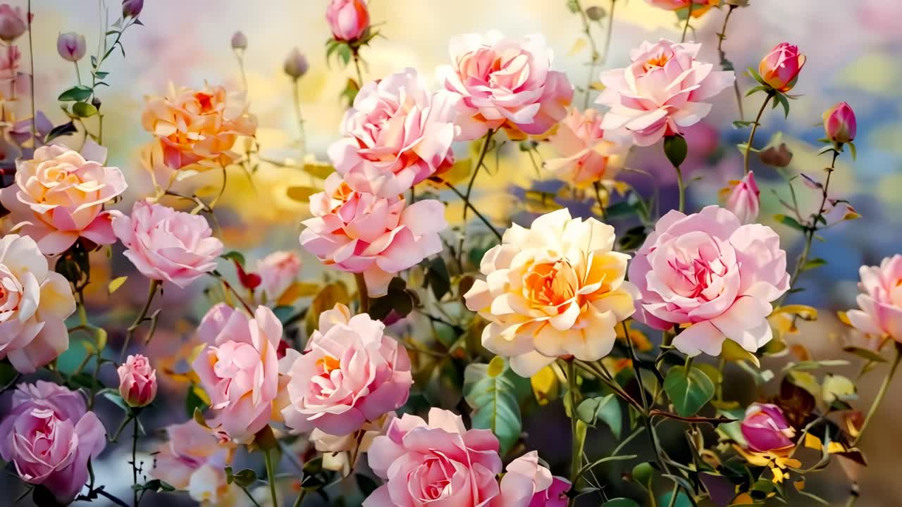 Concept video romantico con uno stile sognante e dai contorni sfocati. Inquadratura dal basso che cattura rose rosa vivaci