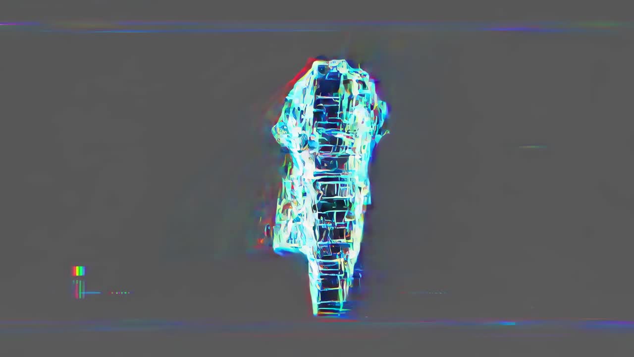 A glitch art style video with a side angle view of a 3D wireframe structure, featuring vibrant neon