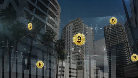 animación del procesamiento de datos financieros y bitcoin canta sobre el paisaje urbano
