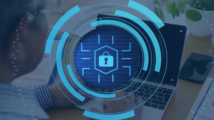 Man typing on laptop, starting security scan with rings forming, covering screen and revealing lock