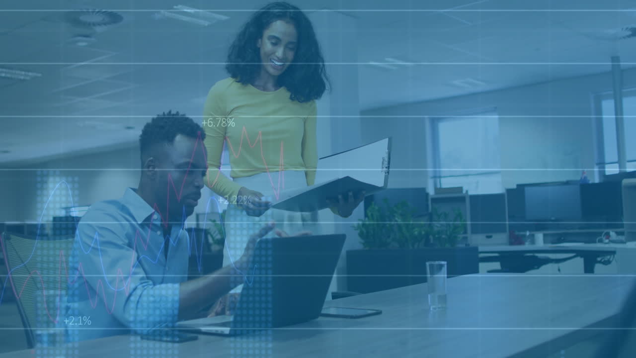 Reviewing financial documents, business professionals analyzing data with animation overlay