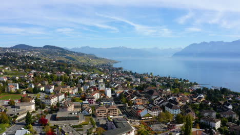 panoramic view on municipality of pully in switzerland in the canton of vaud, located in the district of lavaux-oron - aerial drone shot