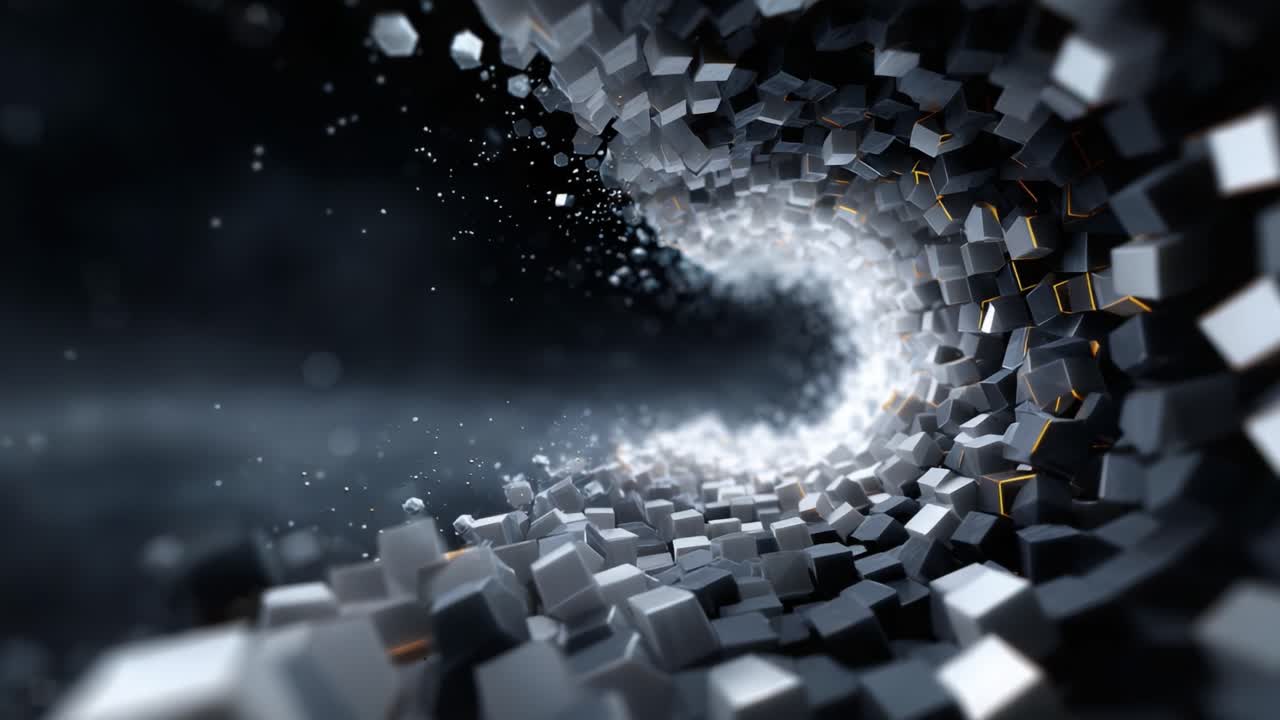 A Captivating Abstract Visual Representing a Spiral of Cubes, Blending Shades of Black and White to Create a Dynamic and Intriguing Motion Illusion
