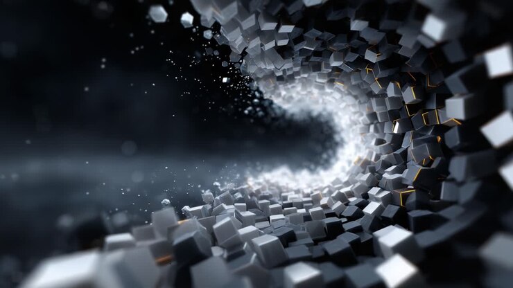 Et fængslende abstrakt visuelt element, der repræsenterer en spiral af kuber og blander nuancer af sort og hvid for at skabe en dynamisk og spændende bevægelsesillusion