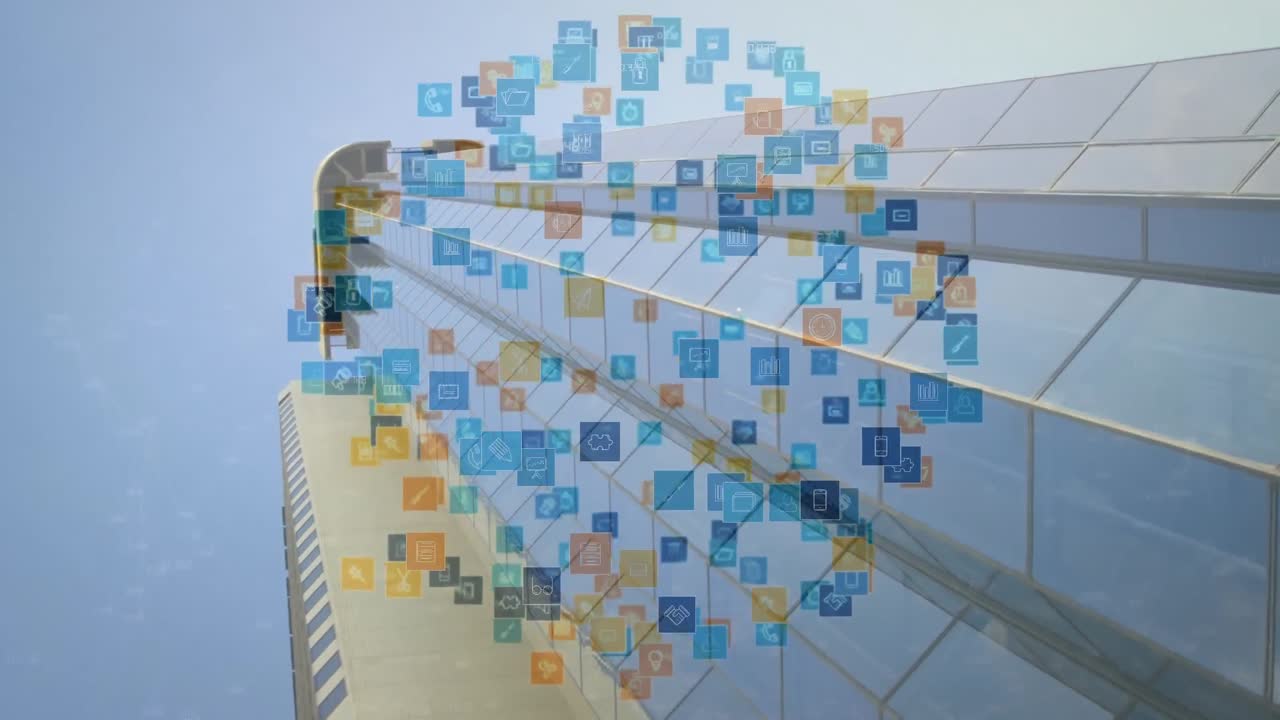 도시에서 현대적인 마천루 위에 지구를 형성하는 컴퓨터 응용 프로그램 아이콘의 애니메이션