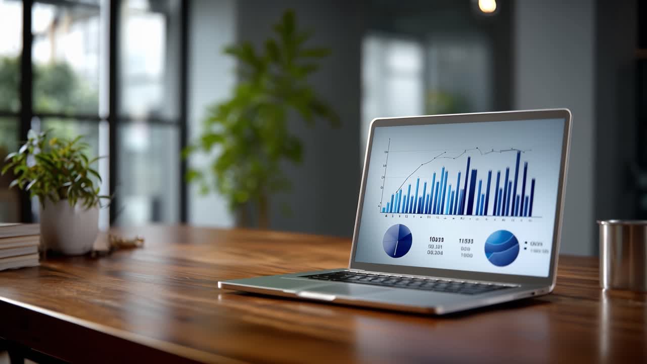 En innsiktsfull oversikt over datavisualiseringer vist på en moderne laptop i et lyst kontormiljø med grønne planter og trebord.