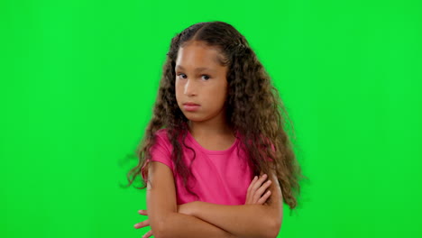 Green-screen,-face-and-girl-with-arms-crossed