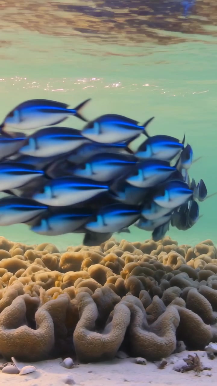 Video verticale: Banco di piccoli pesci tropicali blu che scivola e cambia forma su una cresta corallina, illuminato dal sole.