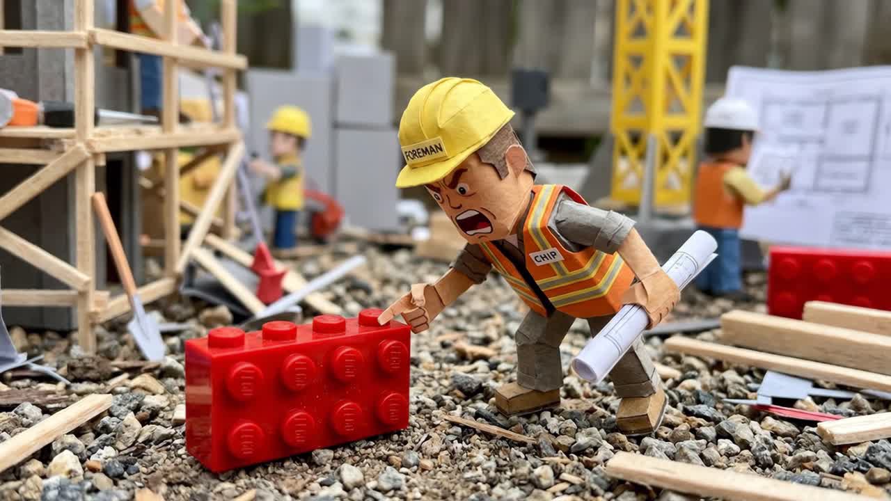 Contremaître en papier en colère criant sur une brique LEGO rouge sur un chantier de construction