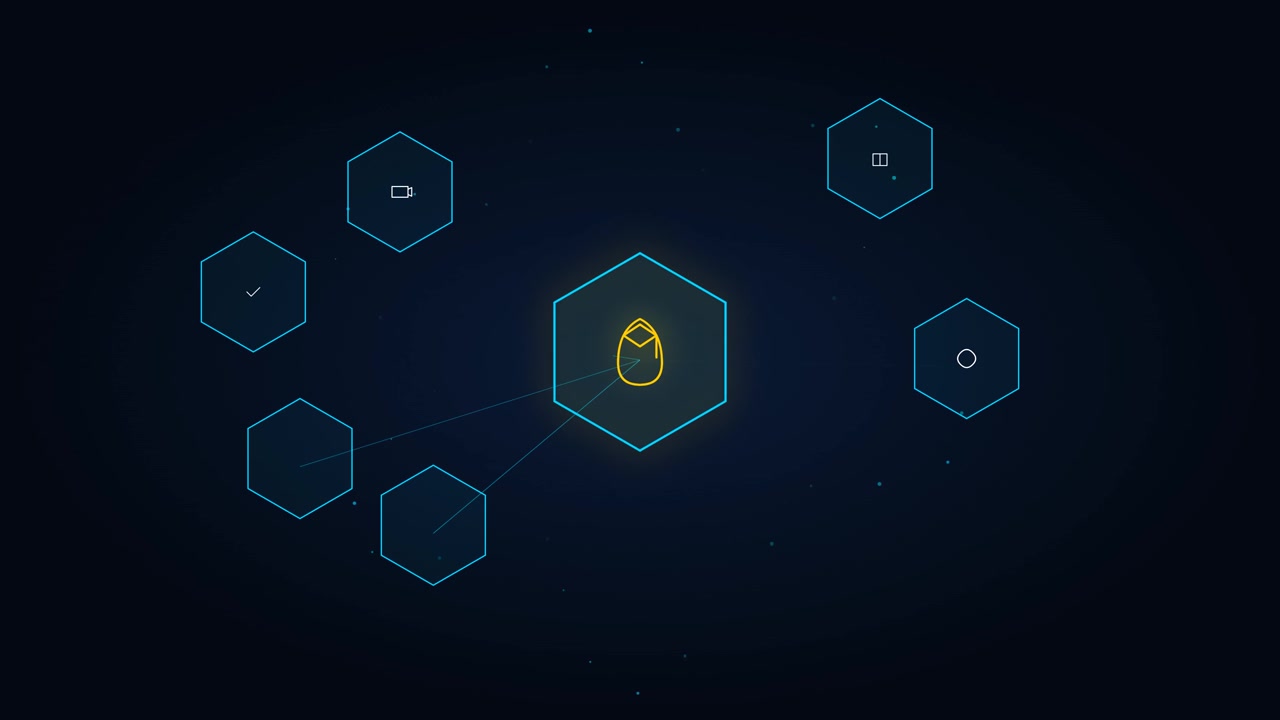 Digital Network Diagram with Central Hexagon Icon and Connecting Nodes