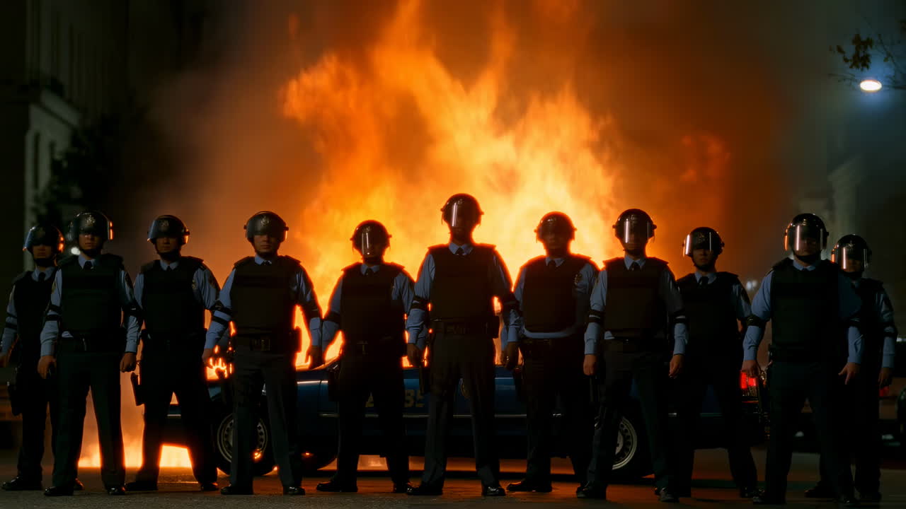Police Officers Standing in Front of a Burning Car During a Riot at Night