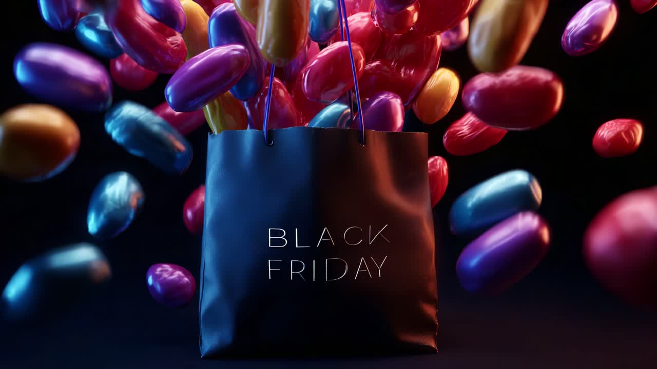 A vibrant display of colorful balloons and a stylish shopping bag marked 'Black Friday', embodying the excitement and allure of festive shopping season and consumer frenzy