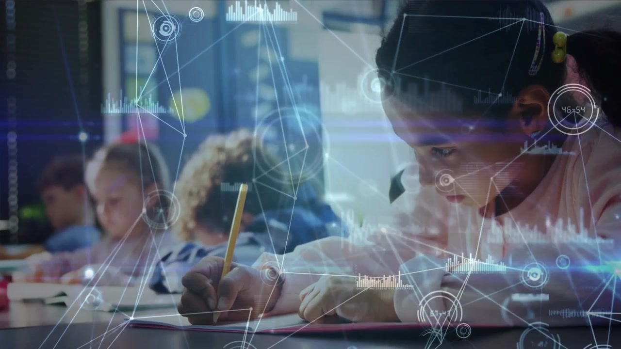 Girl leaning forward writing with yellow pencil in class, pencil motion expanding data HUD for work