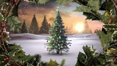 árbol de navidad y frontera de acebo en el país de las maravillas de invierno