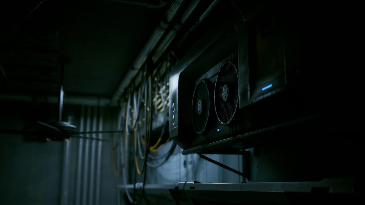 High tech gaming rig in a dimly lit workspace with cables and ventilation