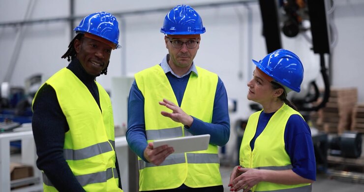 Diverse Team of Engineers Discussing Project on Tablet in Factory