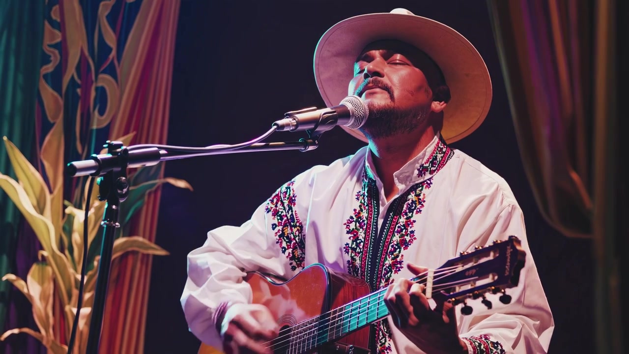 Musicista che suona la chitarra acustica e canta sul palco