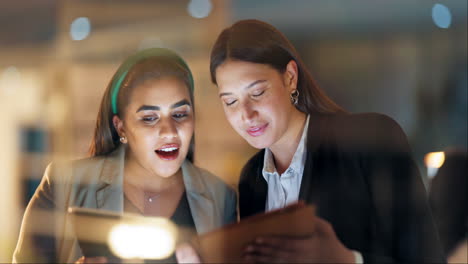 Women,-team-and-night-with-tablet