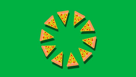 ocho rebanadas de pizza aisladas en pantalla verde con animación de círculo redondo. ilustración de pizza sin costuras.