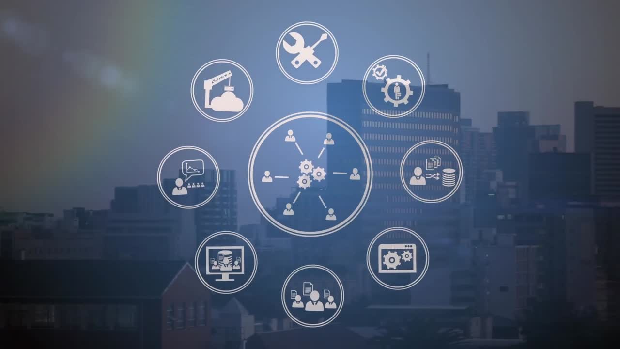 Animation of business icons moving over cityscape
