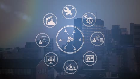 animación de iconos de negocios que se mueven sobre el paisaje urbano.
